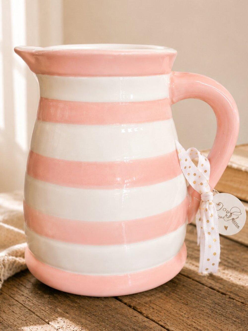Large Pastel Pink & White Striped Milk Jug Water Pitcher